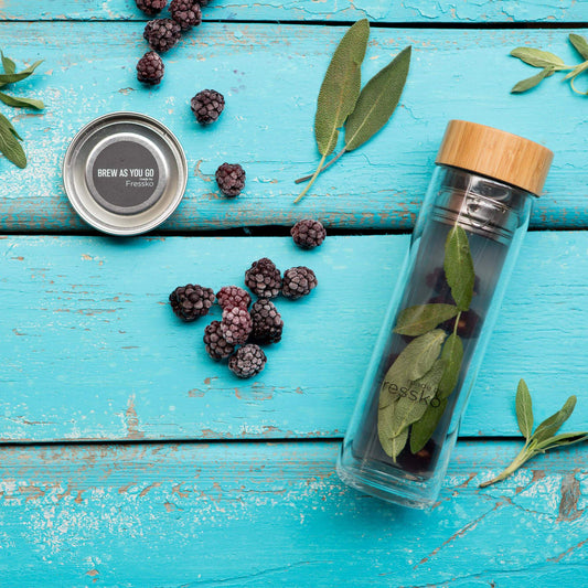 Blackberry and Sage coconut water in a Fressko glass flask