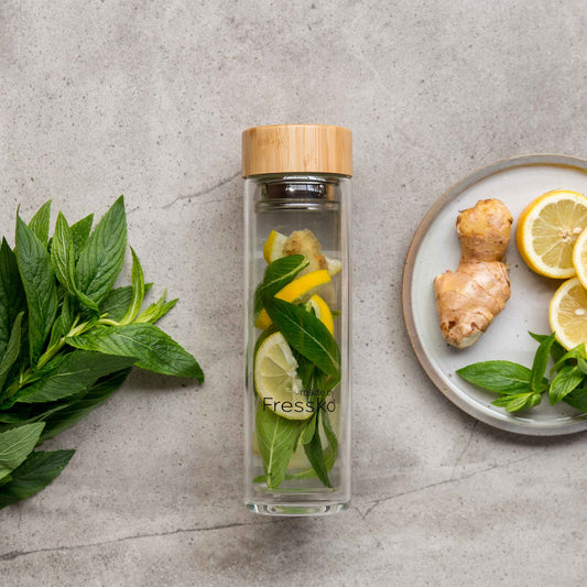 lemon, mint and ginger detox water in a fressko flask